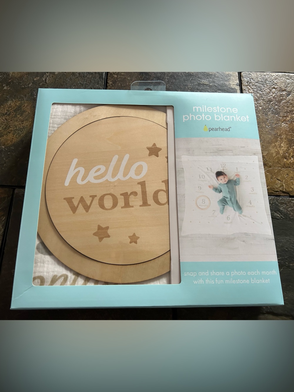 Pearhead Milestone Photo Blanket - White and Light Blue Packaging